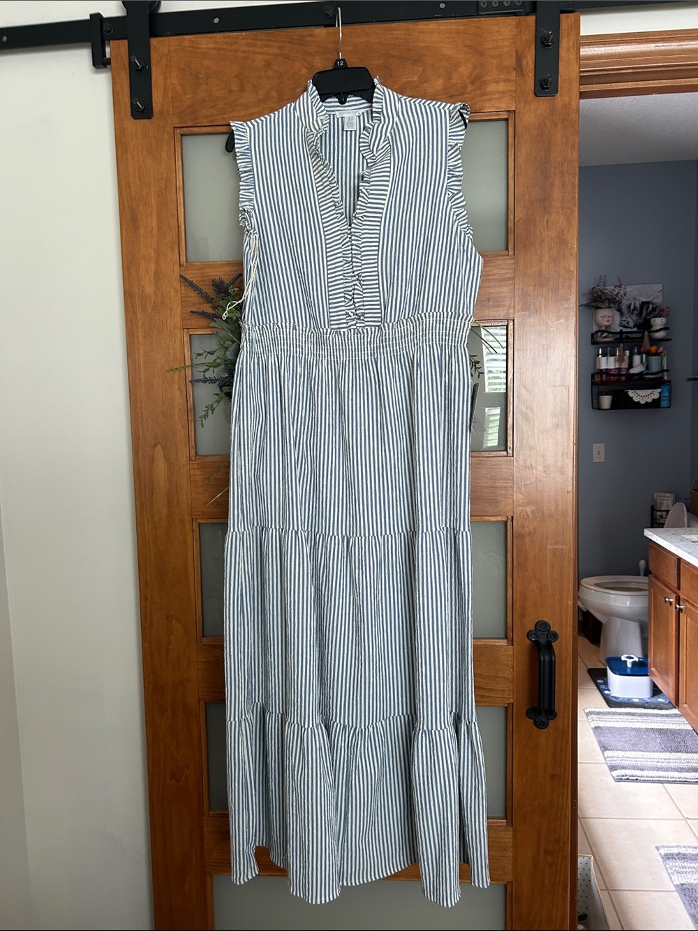 London Times Blue and White Striped Ruffle-Trim Maxi Dress